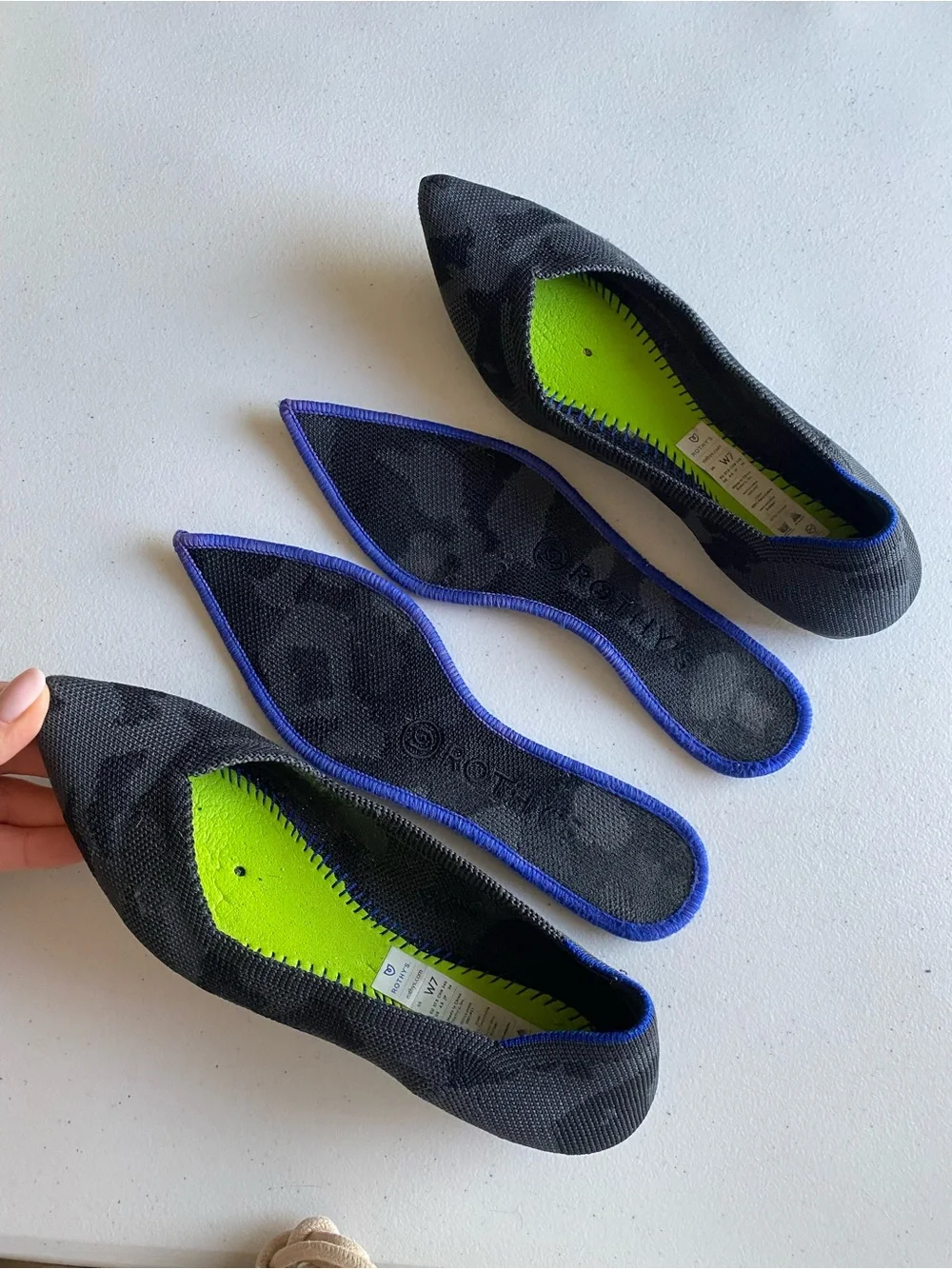 Rothy’s Size 7 Charcoal Black Camouflage Pointed Toe Ribbed Knit Loafer Flat